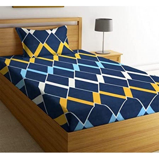 Glace Cotton Single Bedsheet with 1 Pillow Covers | Soft Thread Count 144 Brushed Glace Cotton -Long Lasting & Wrinkle Free - Navy Blue and Yellow