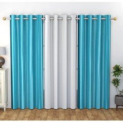 GOYTEX Plain Polyester Window Curtains Set of 3, (4 Feet x 5 Feet, Aqua & White)